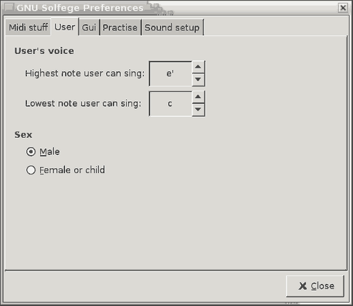 Screenshot of the 'User' page of the preferences window.
