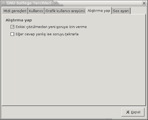 Screenshot of the 'Practise' page of the preferences window.