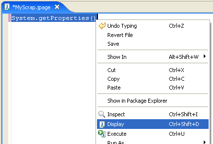 Snippet editor with System.getProperties() selected showing context menu